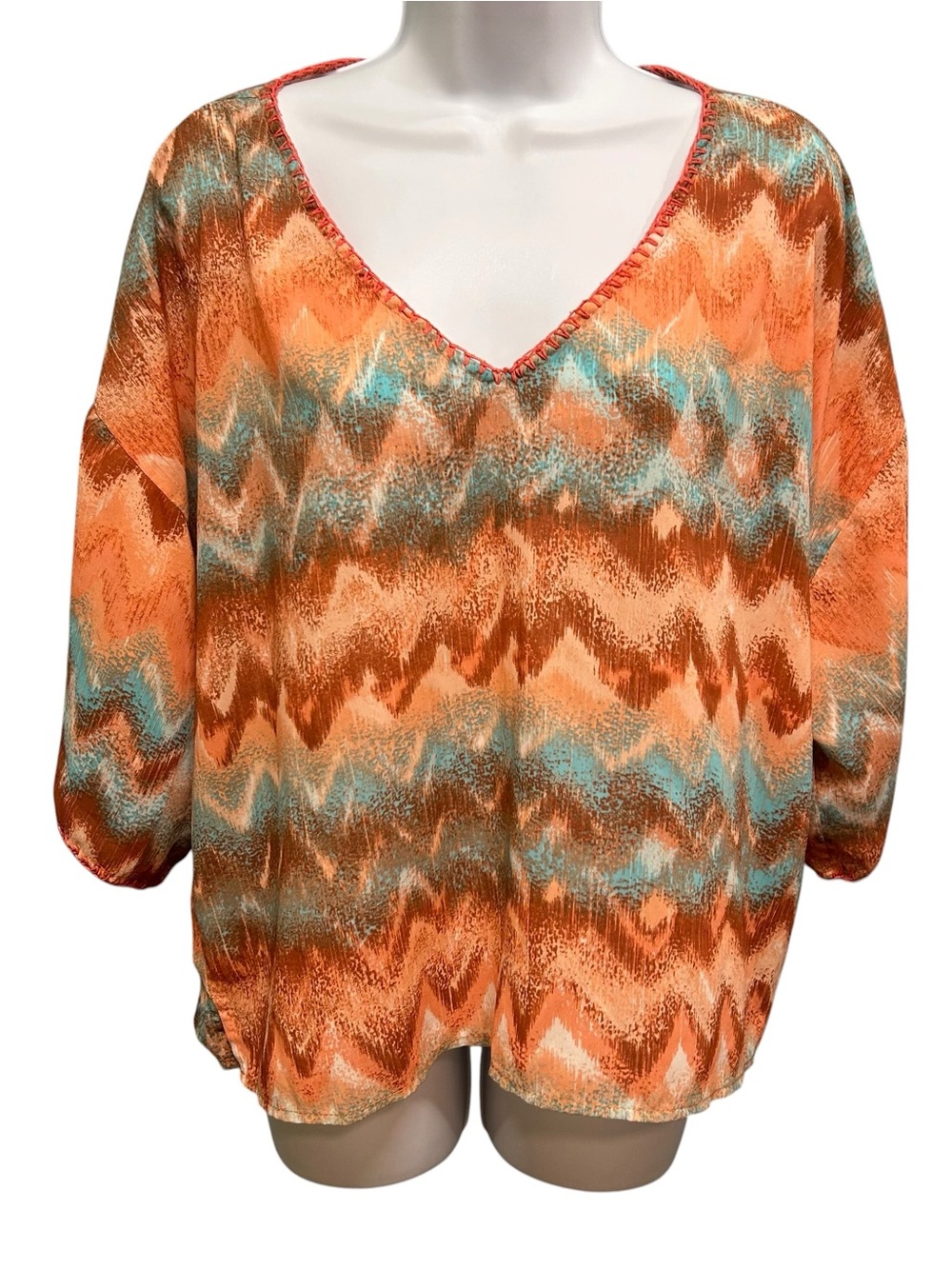 Sanctuary Orange Teal Zigzag Chevron Whipstitch V-Neck Blouse Top Size S
